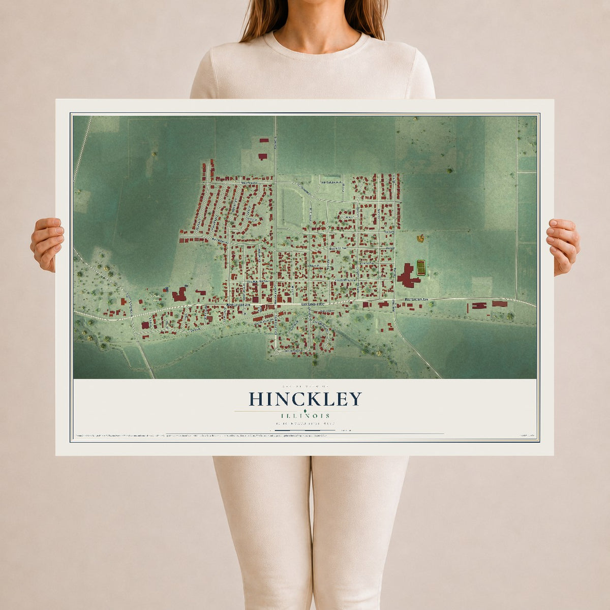 Map of Hinckley, Illinois, 24 x 36 inch unframed archival matte print