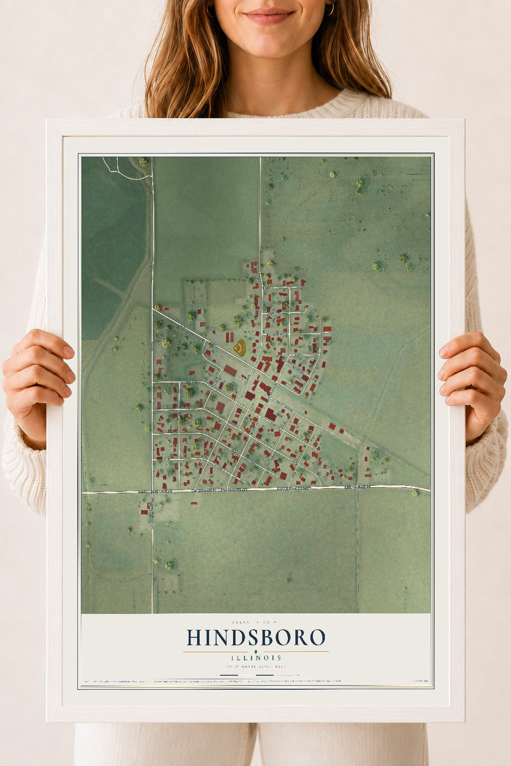 Map of Hindsboro, Illinois, 18 x 24 inch print in a white wood frame