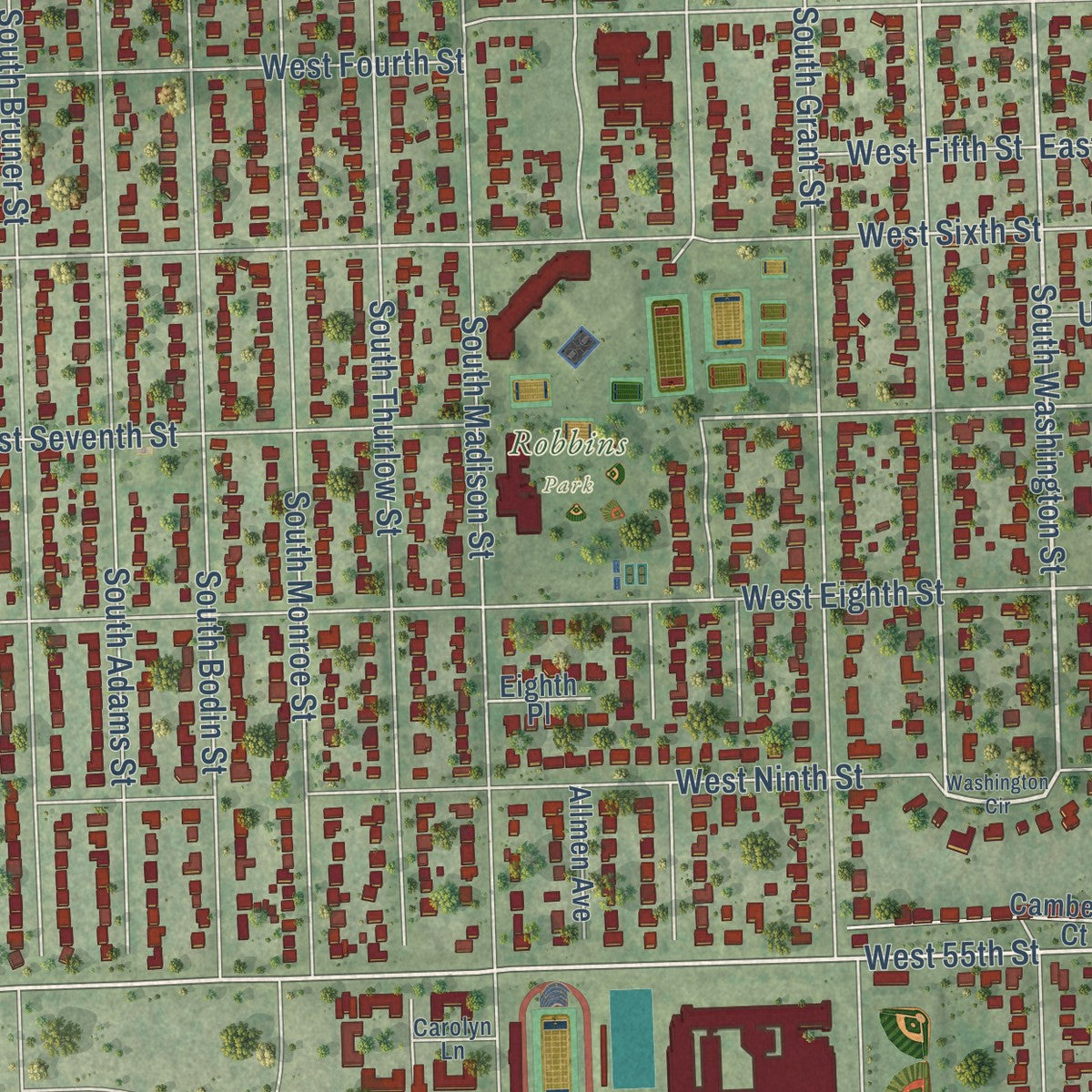 Close-up of the map of Hinsdale, Illinois print showing street and building detail