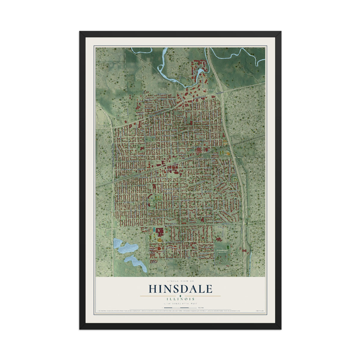 Map of Hinsdale, Illinois, 12 x 18 inch print in a black wood frame