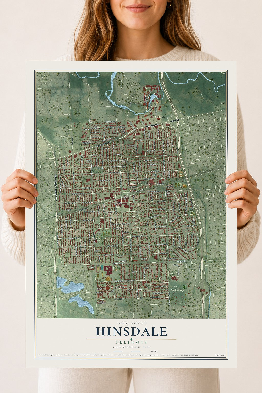 Map of Hinsdale, Illinois, 18 x 24 inch unframed archival matte print