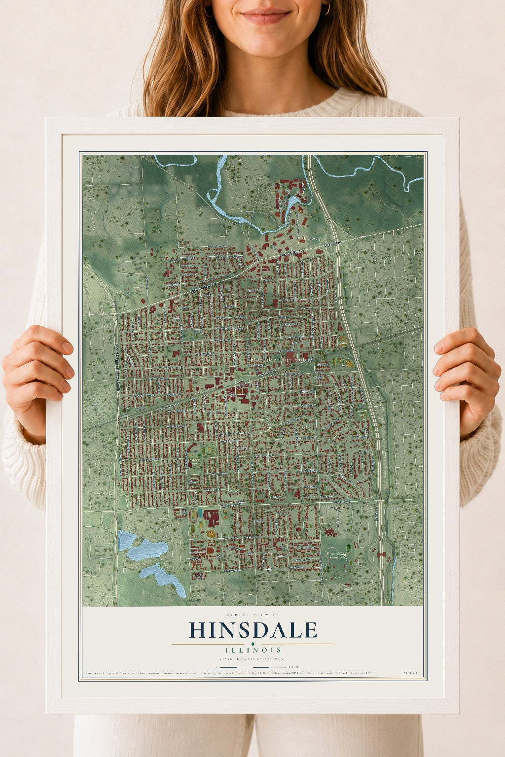 Map of Hinsdale, Illinois, 18 x 24 inch print in a white wood frame