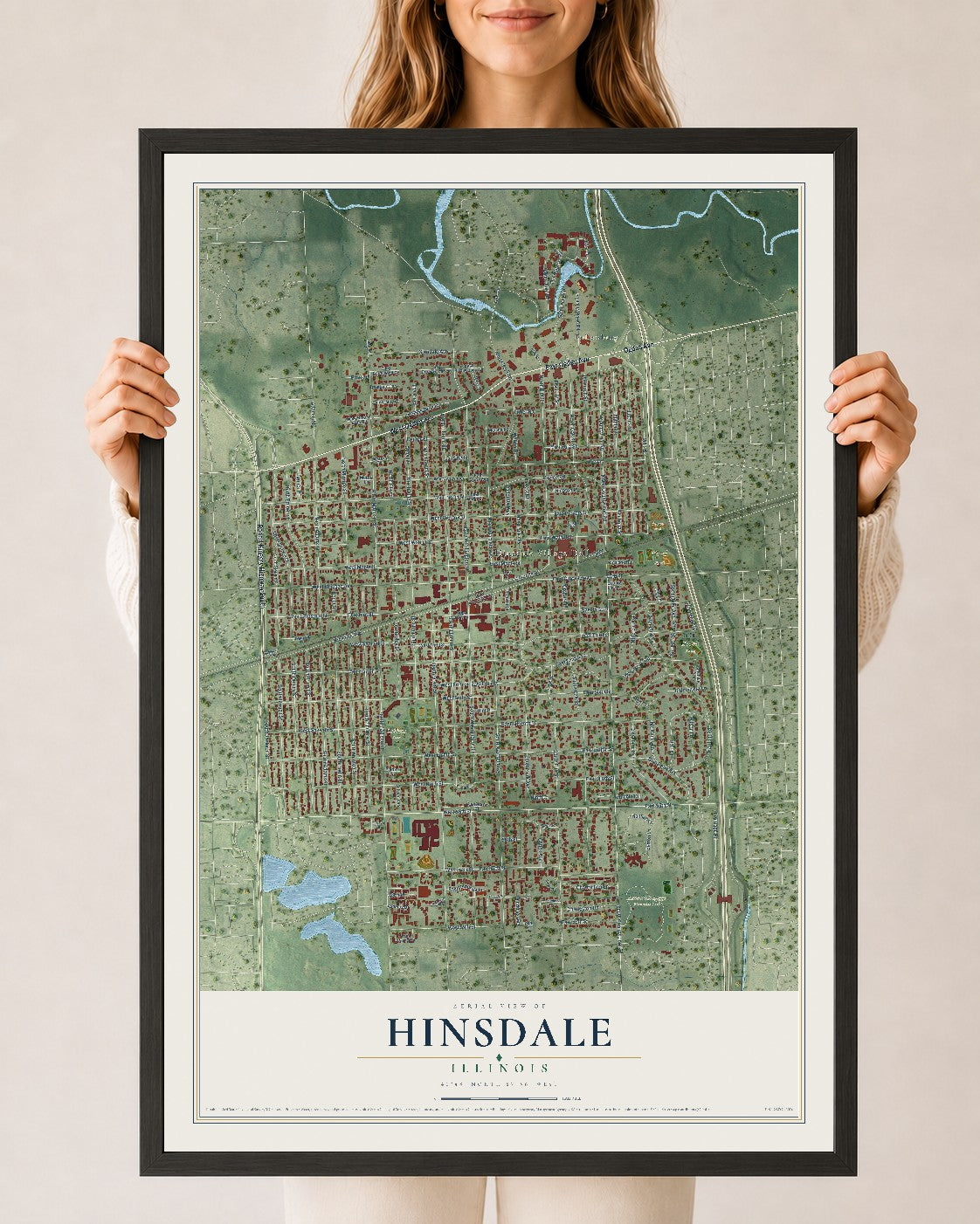 Map of Hinsdale, Illinois, 24 x 36 inch print in a black wood frame