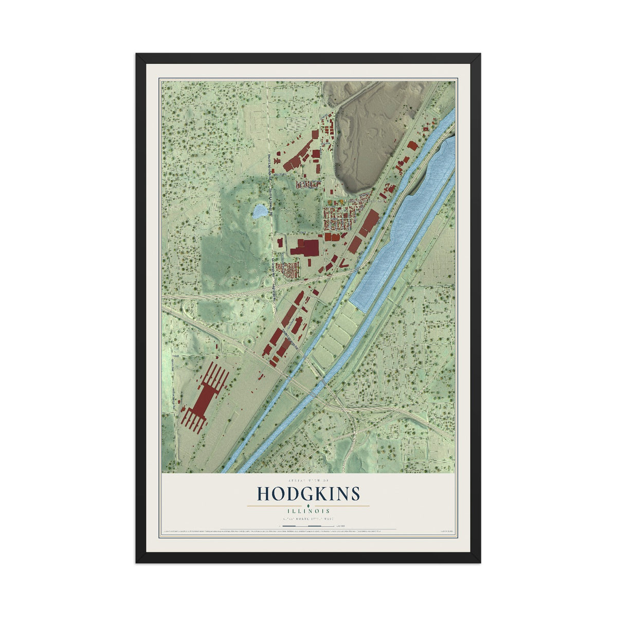 Map of Hodgkins, Illinois, 12 x 18 inch print in a black wood frame