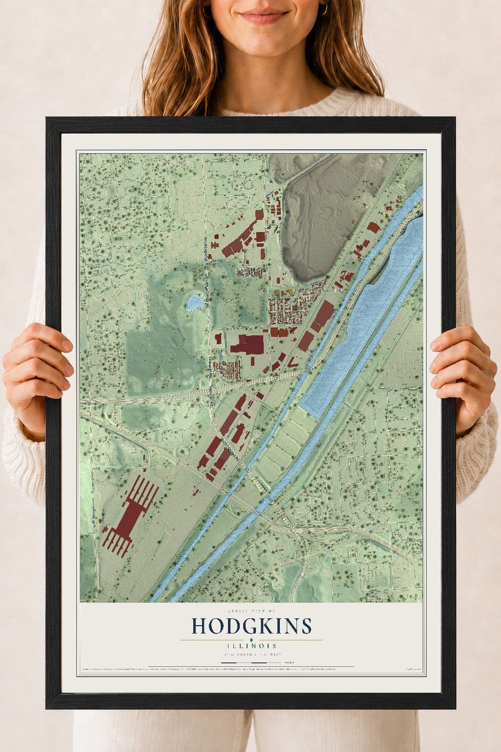 Map of Hodgkins, Illinois, 18 x 24 inch print in a black wood frame