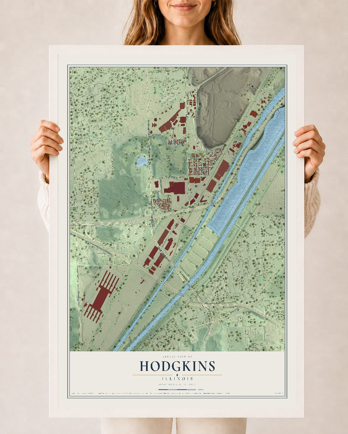 Map of Hodgkins, Illinois, 24 x 36 inch print in a white wood frame