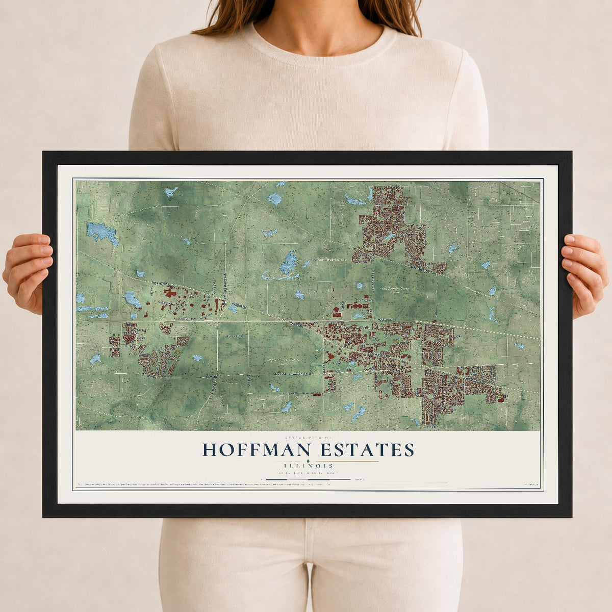 Map of Hoffman Estates, Illinois, 12 x 18 inch print in a black wood frame