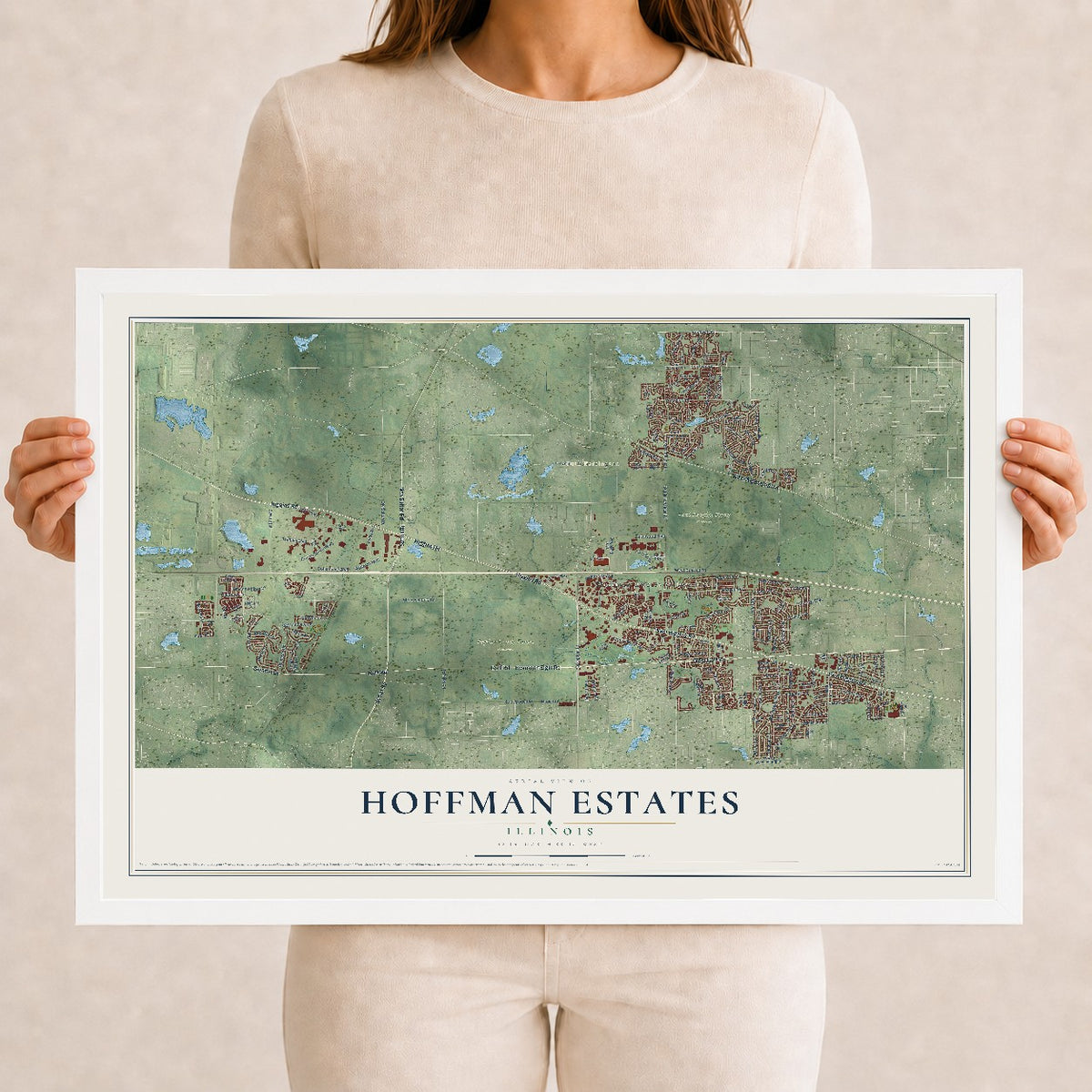 Map of Hoffman Estates, Illinois, 12 x 18 inch print in a white wood frame