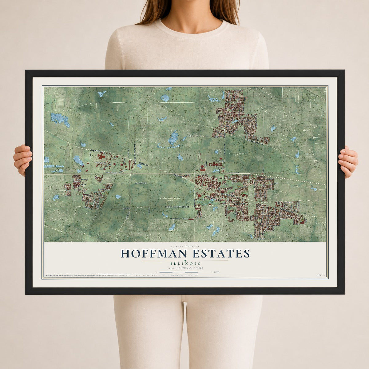Map of Hoffman Estates, Illinois, 24 x 36 inch print in a black wood frame