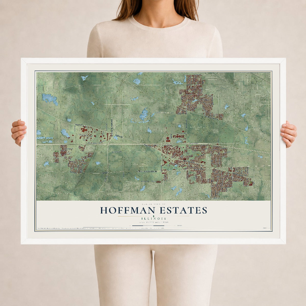 Map of Hoffman Estates, Illinois, 24 x 36 inch print in a white wood frame
