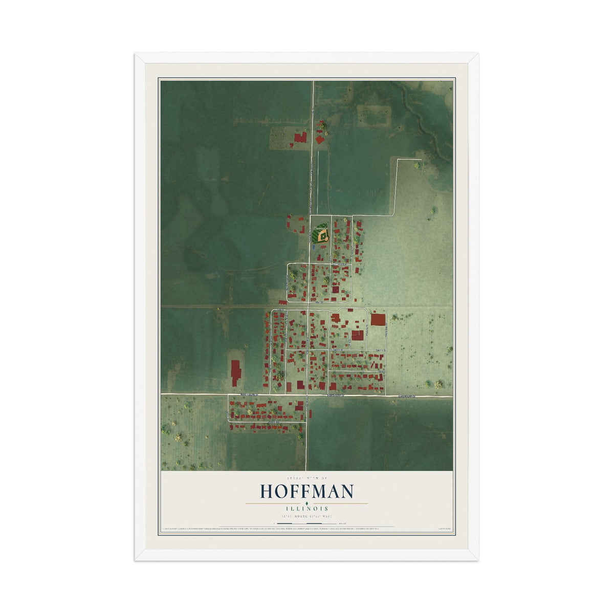 Map of Hoffman, Illinois, 12 x 18 inch print in a white wood frame