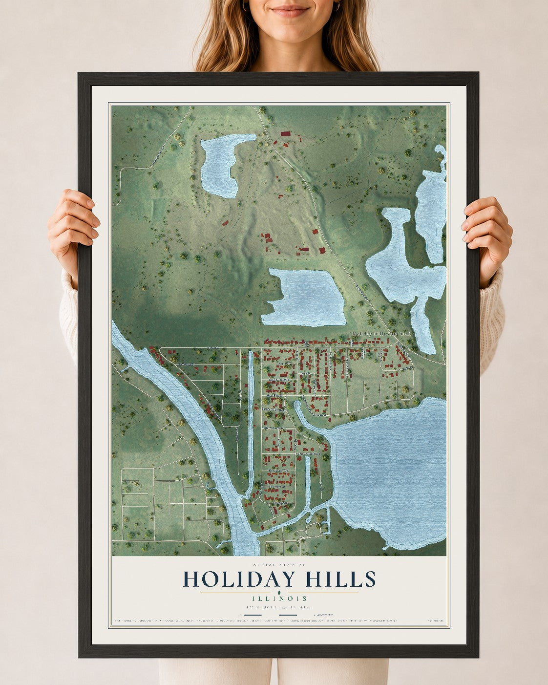 Map of Holiday Hills, Illinois, 24 x 36 inch print in a black wood frame