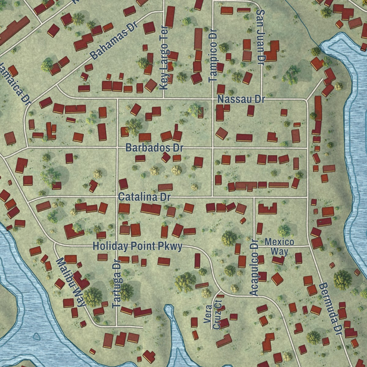 Close-up of the map of Holiday Shores, Illinois print showing street and building detail