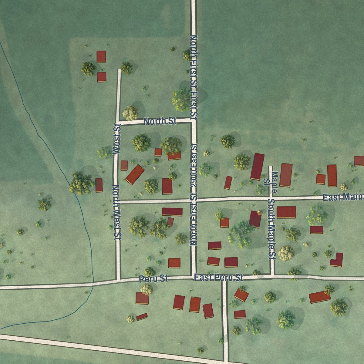 Close-up of the map of Hollowayville, Illinois print showing street and building detail