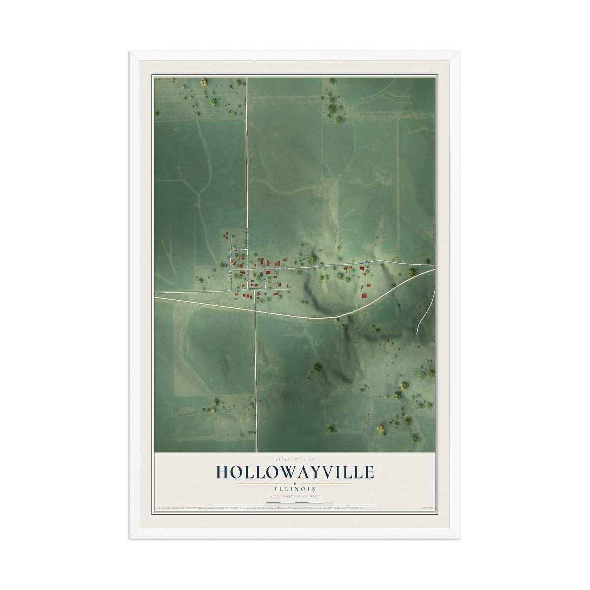 Map of Hollowayville, Illinois, 12 x 18 inch print in a white wood frame