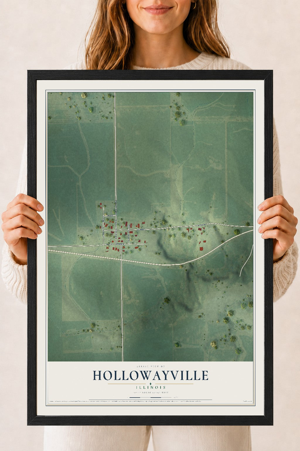 Map of Hollowayville, Illinois, 18 x 24 inch print in a black wood frame