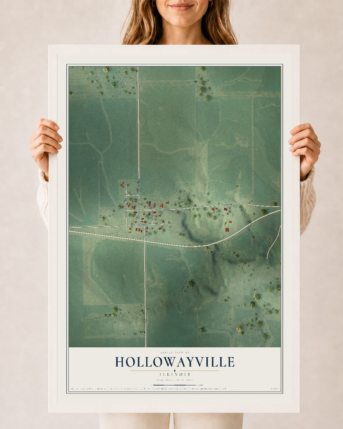 Map of Hollowayville, Illinois, 24 x 36 inch print in a white wood frame