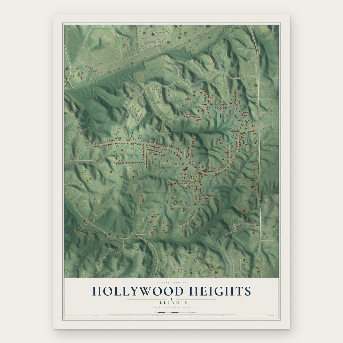 Hollywood Heights, Illinois map print, the full design