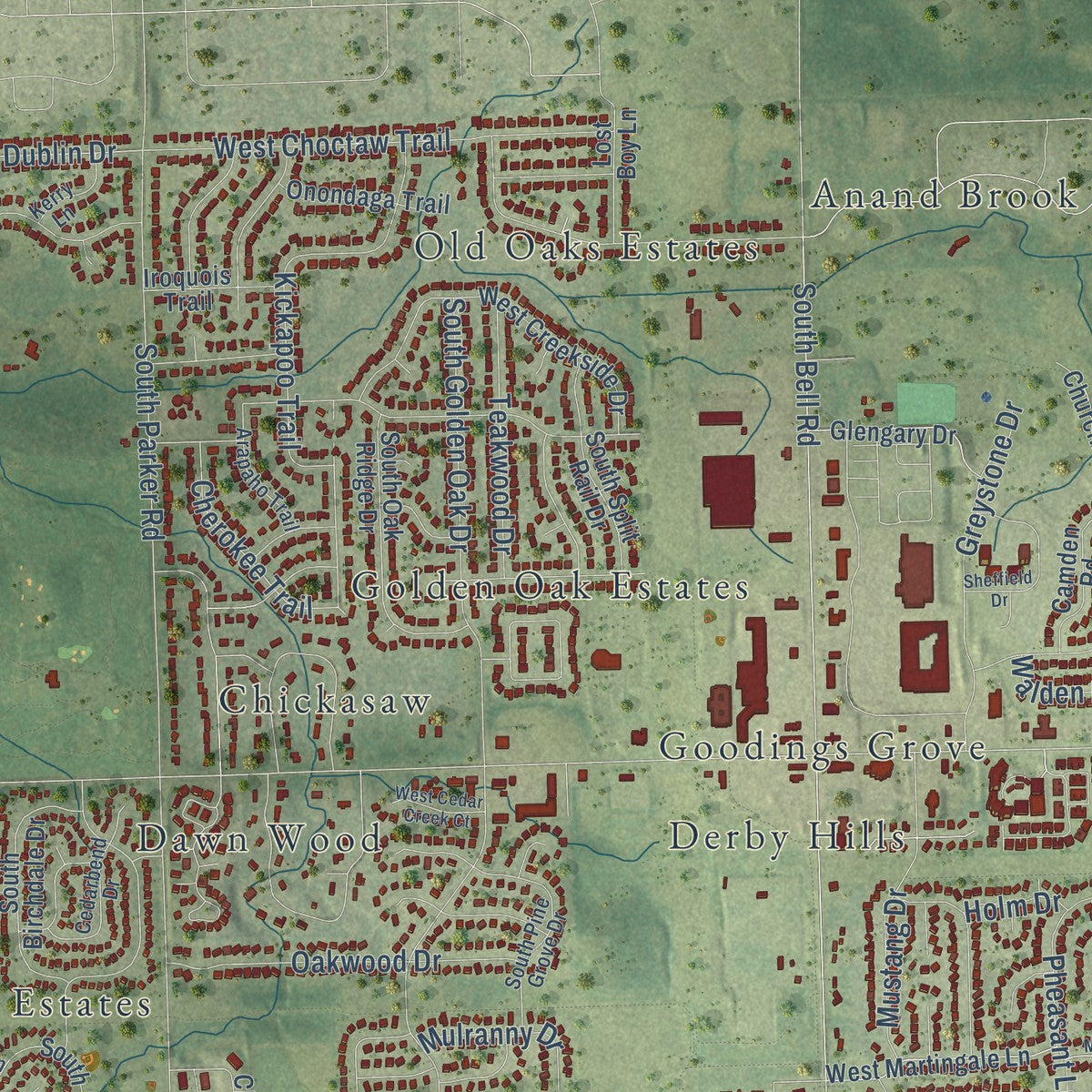 Close-up of the map of Homer Glen, Illinois print showing street and building detail