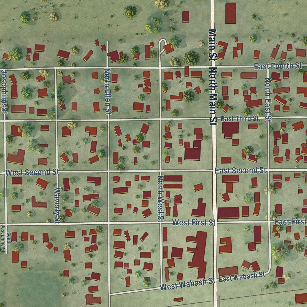 Close-up of the map of Homer, Illinois print showing street and building detail