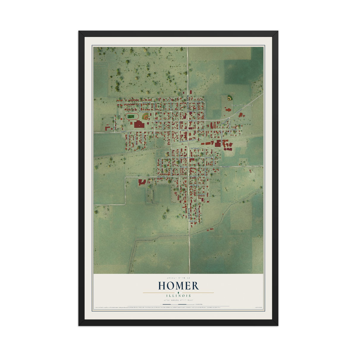 Map of Homer, Illinois, 12 x 18 inch print in a black wood frame