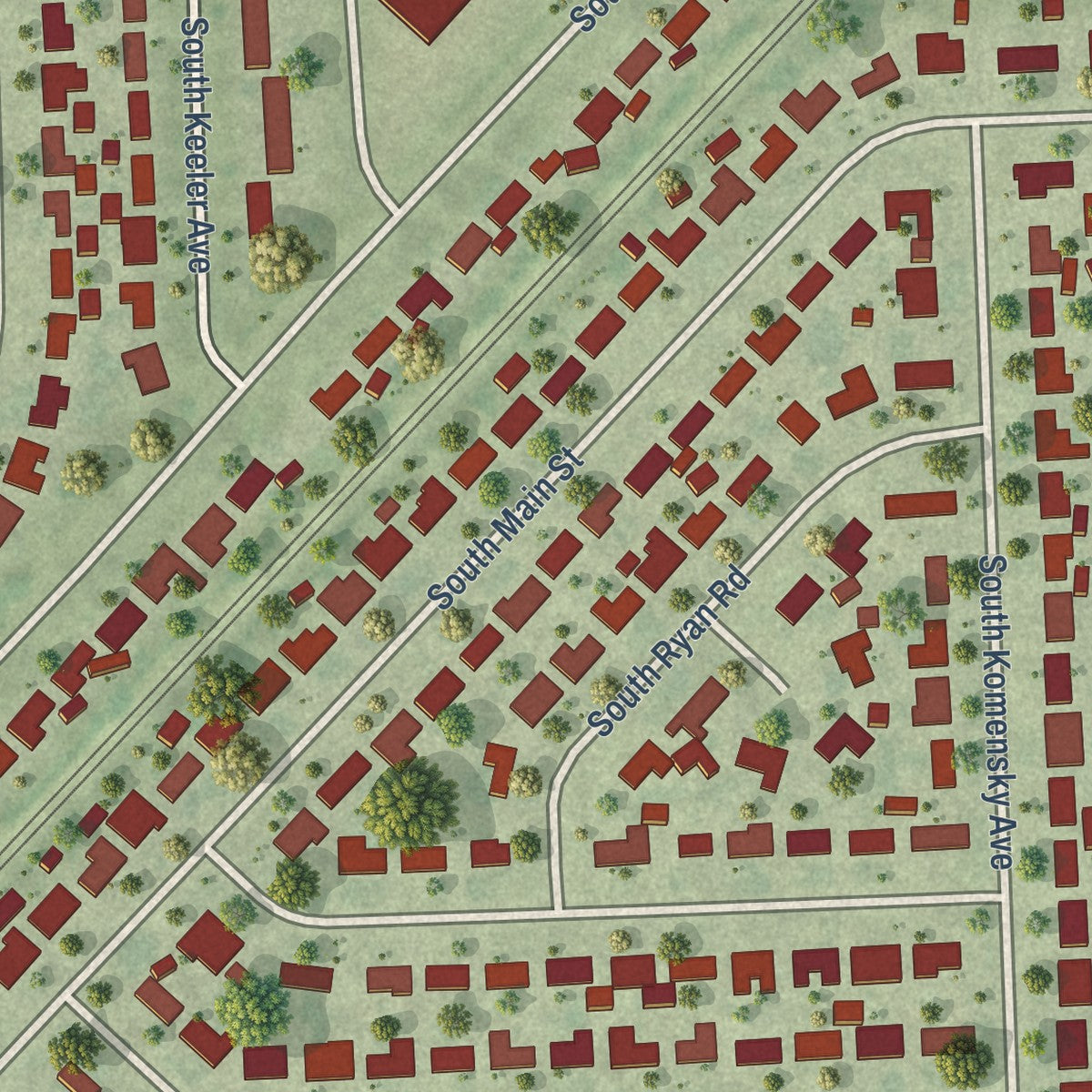 Second close-up of the map of Hometown, Illinois print showing more streets and buildings