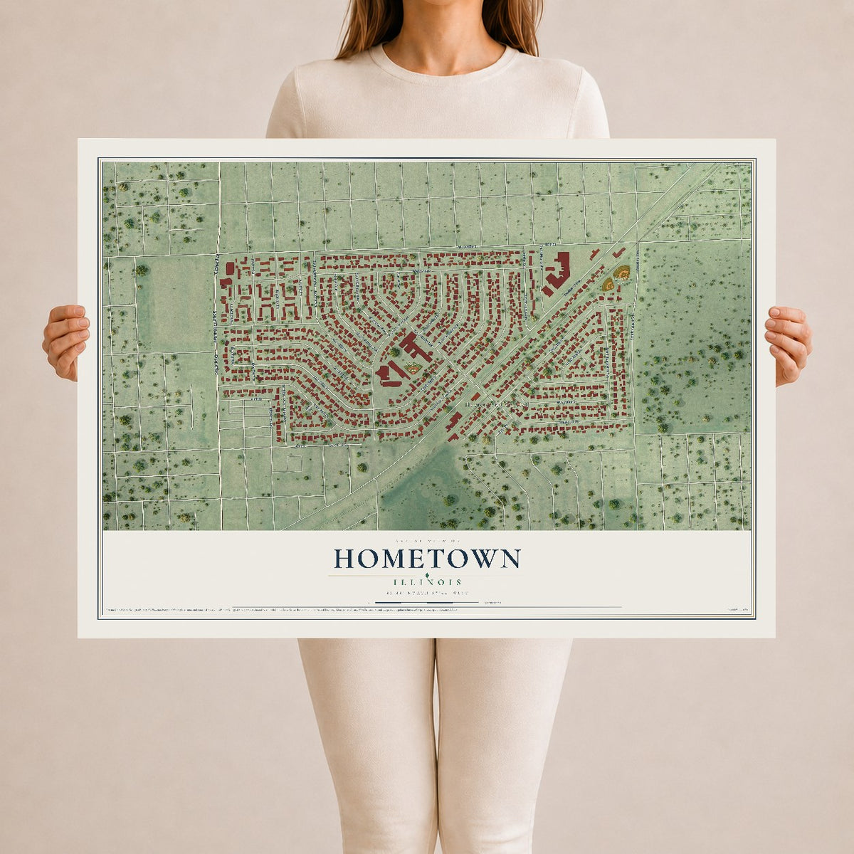 Map of Hometown, Illinois, 24 x 36 inch unframed archival matte print