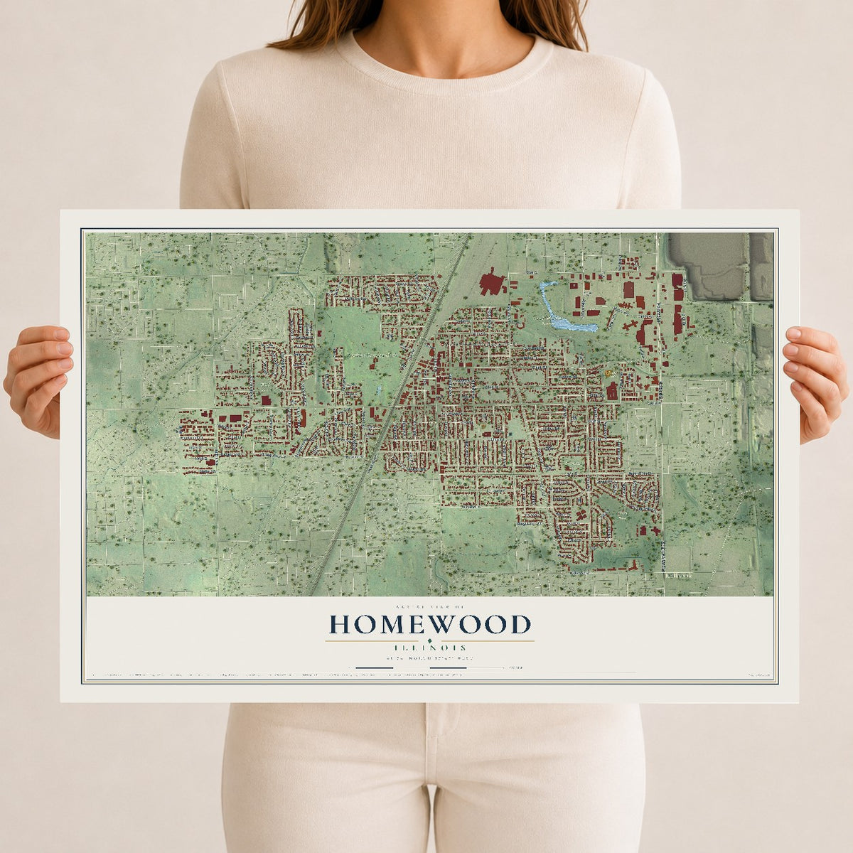Map of Homewood, Illinois, 12 x 18 inch unframed archival matte print