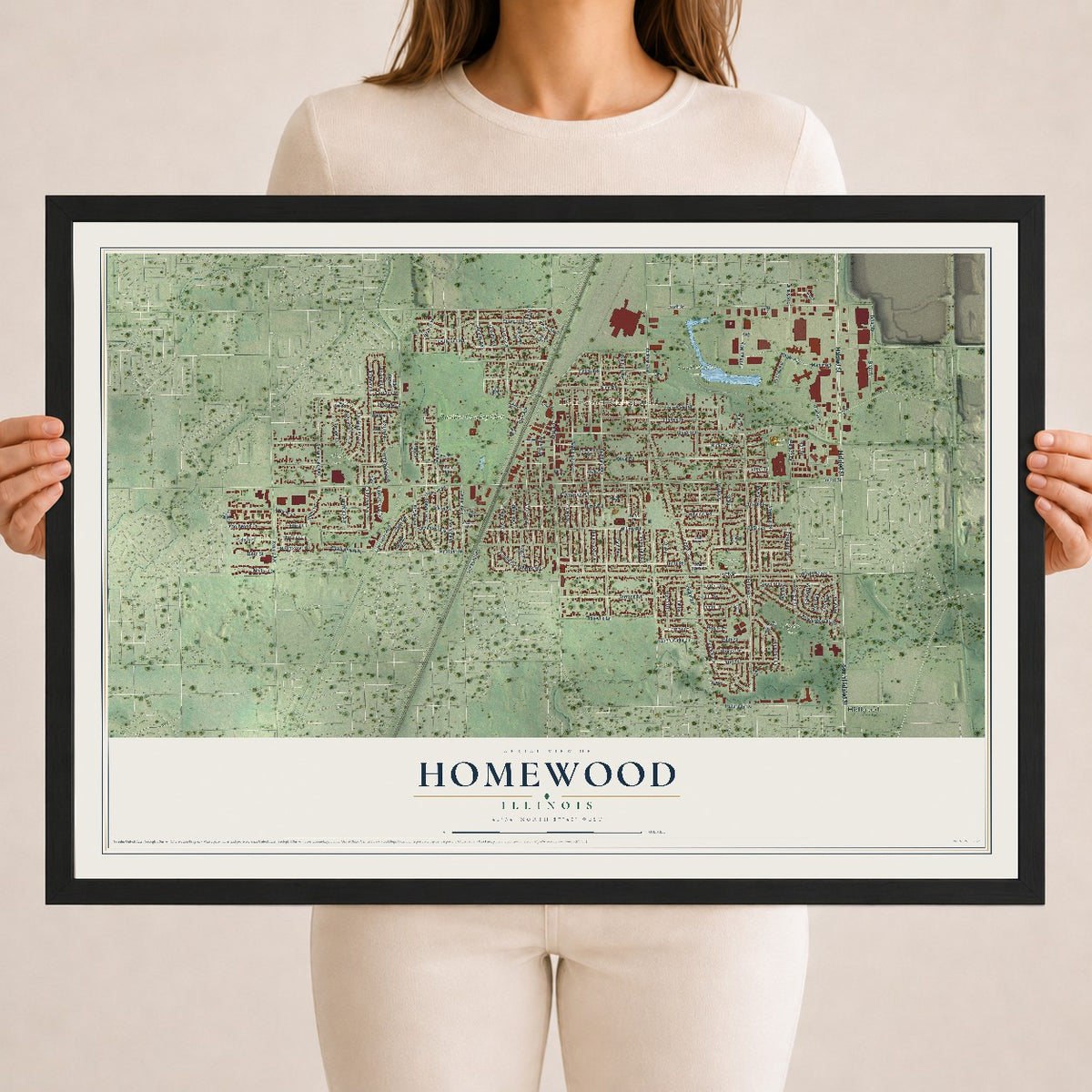 Map of Homewood, Illinois, 18 x 24 inch print in a black wood frame