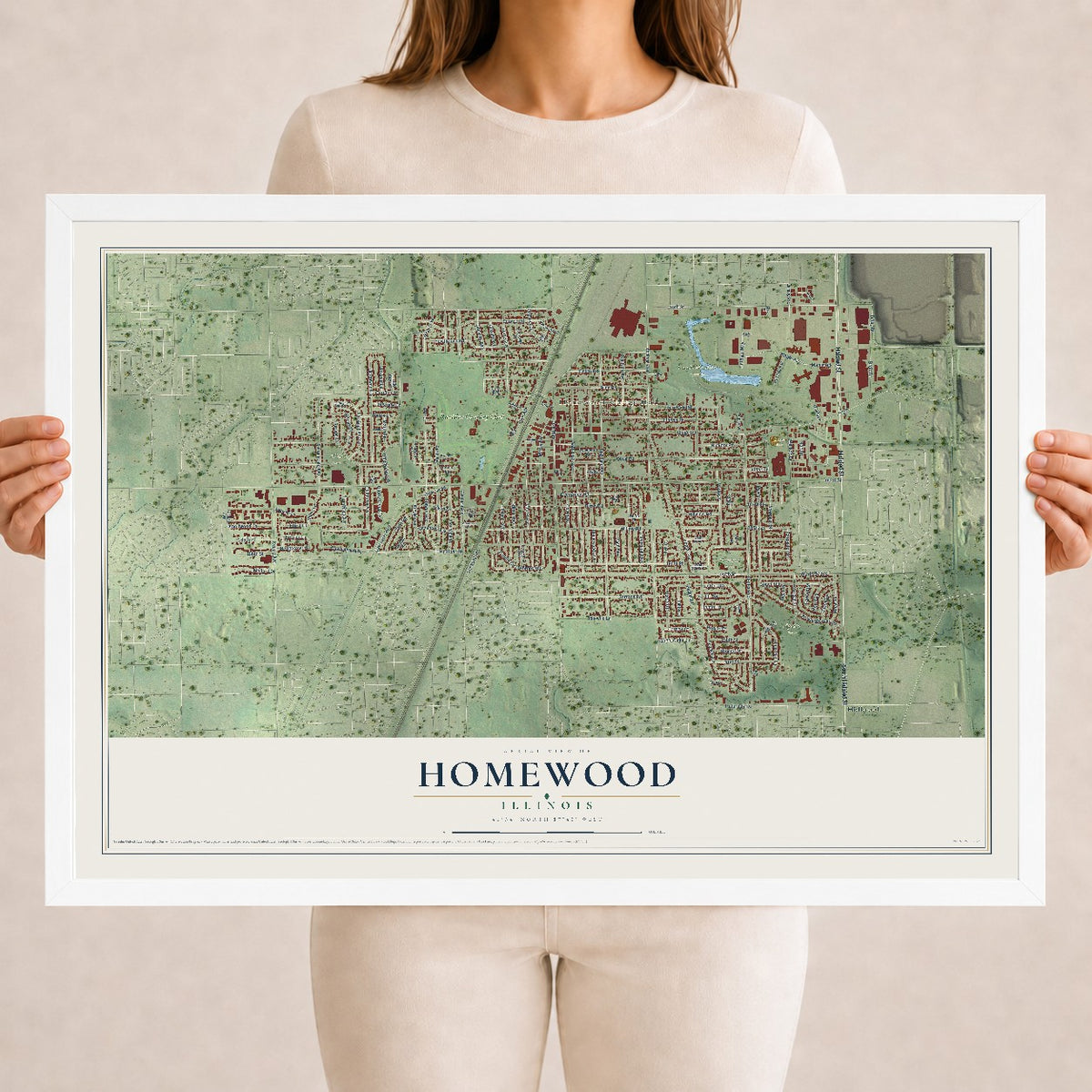 Map of Homewood, Illinois, 18 x 24 inch print in a white wood frame