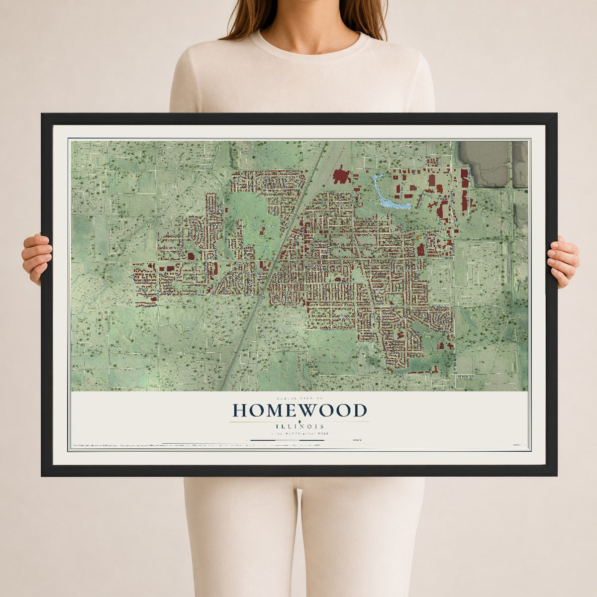 Map of Homewood, Illinois, 24 x 36 inch print in a black wood frame