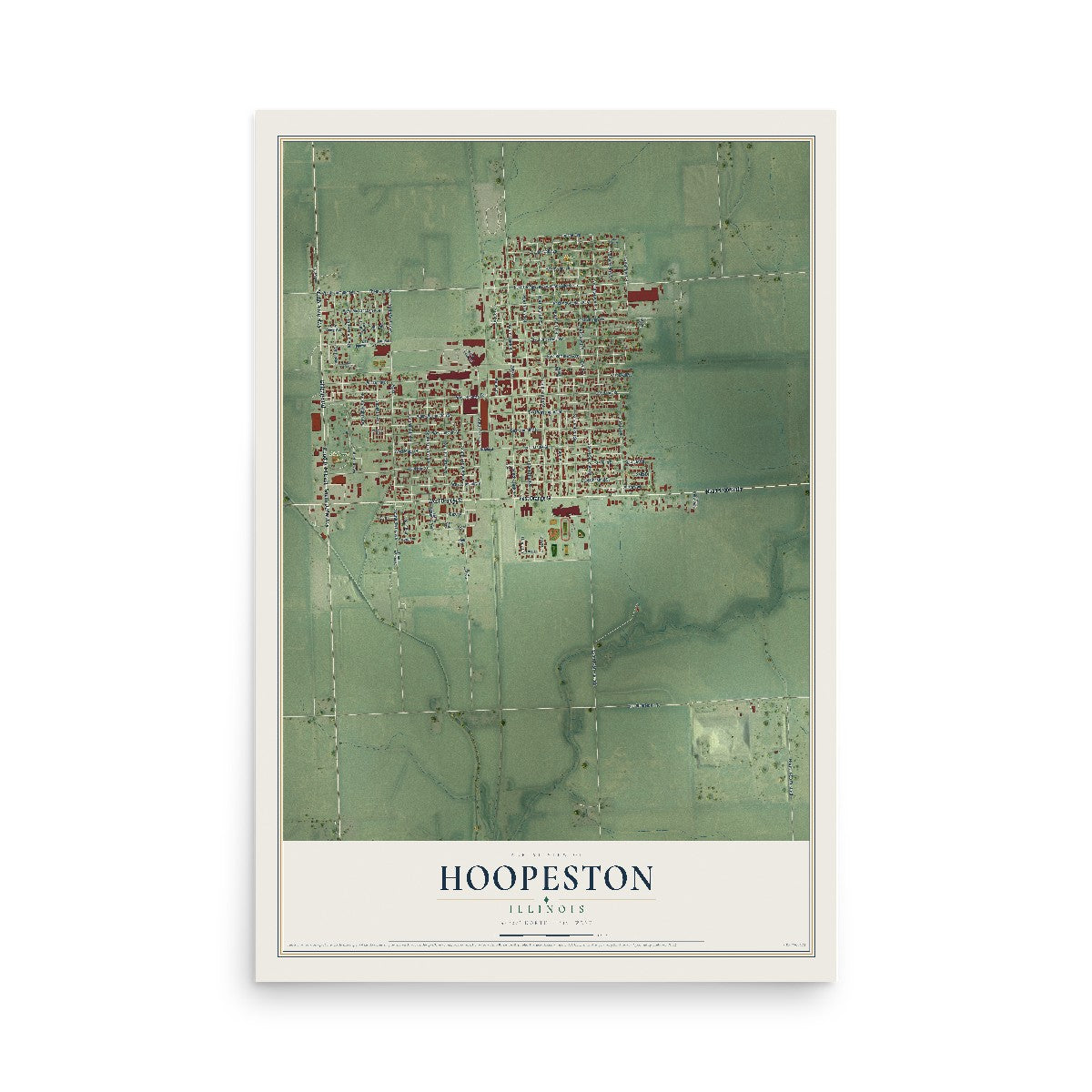 Map of Hoopeston, Illinois, 12 x 18 inch unframed archival matte print