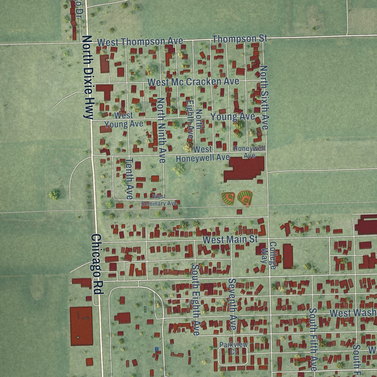 Second close-up of the map of Hoopeston, Illinois print showing more streets and buildings