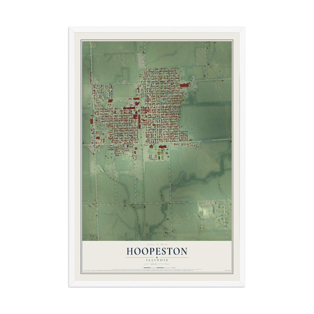 Map of Hoopeston, Illinois, 12 x 18 inch print in a white wood frame