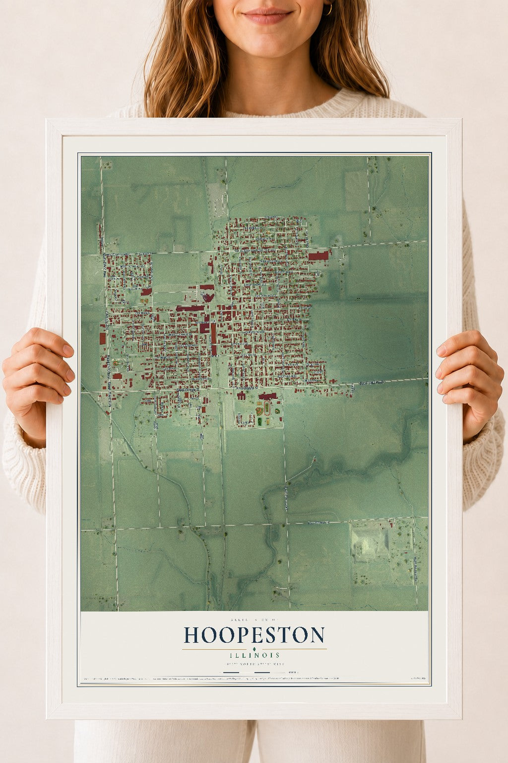 Map of Hoopeston, Illinois, 18 x 24 inch print in a white wood frame