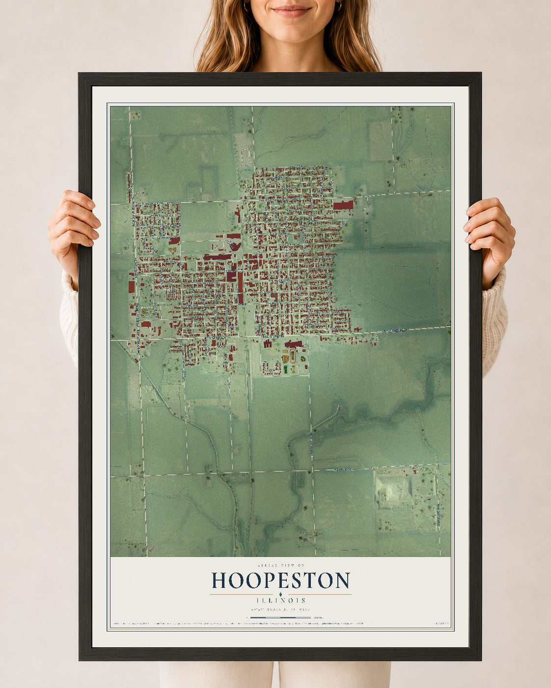 Map of Hoopeston, Illinois, 24 x 36 inch print in a black wood frame