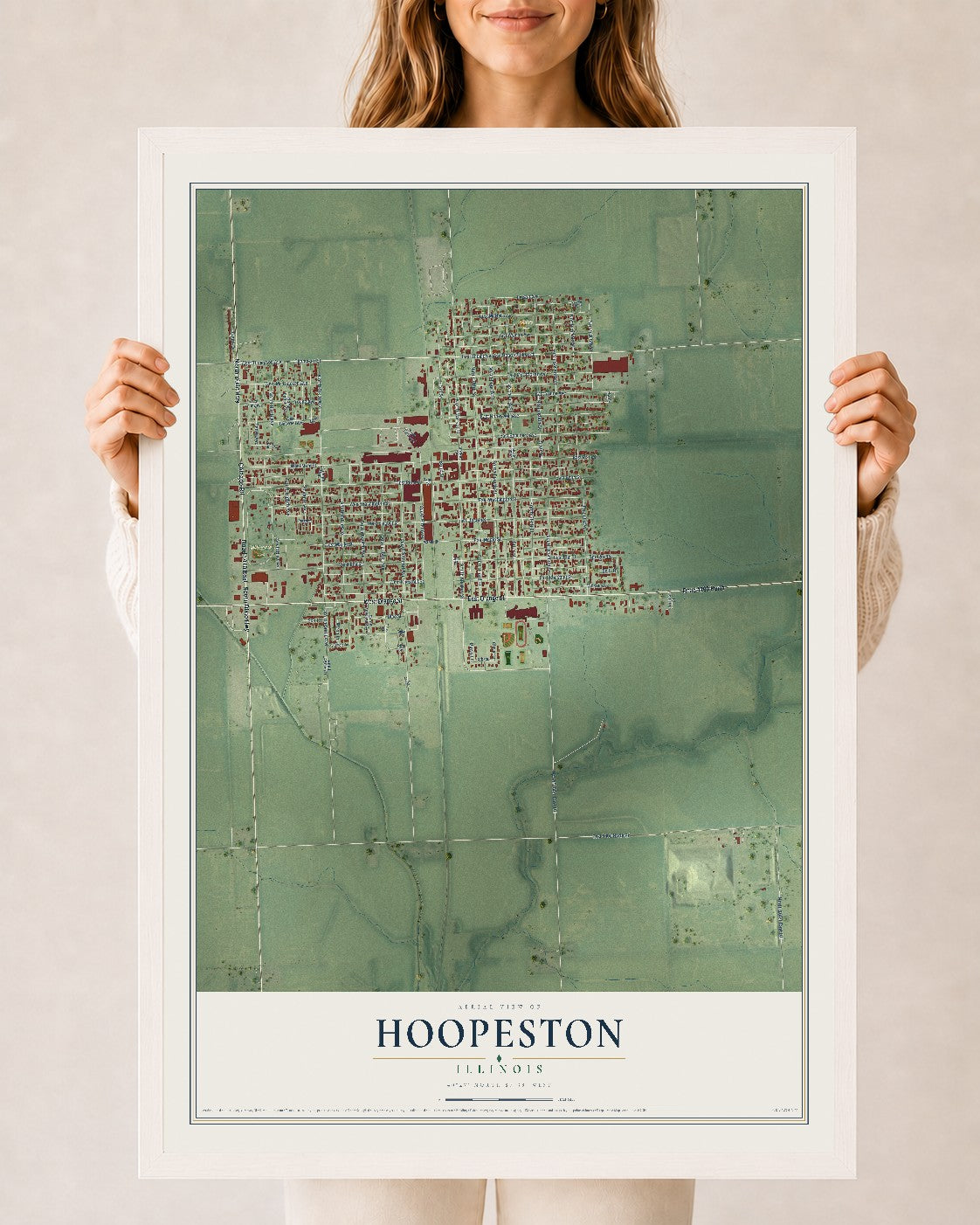 Map of Hoopeston, Illinois, 24 x 36 inch print in a white wood frame