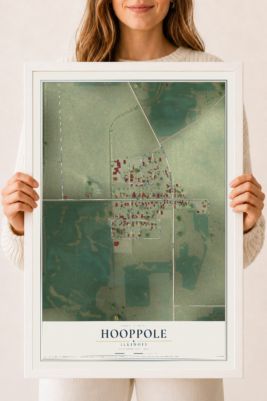 Map of Hooppole, Illinois, 18 x 24 inch print in a white wood frame