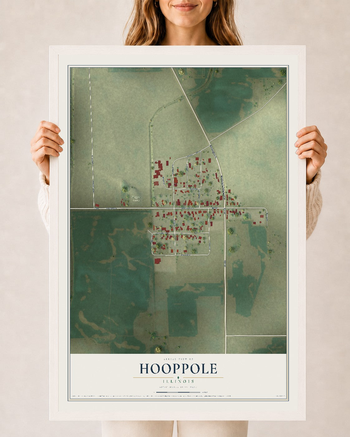 Map of Hooppole, Illinois, 24 x 36 inch print in a white wood frame