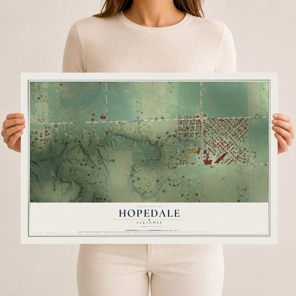 Map of Hopedale, Illinois, 12 x 18 inch unframed archival matte print