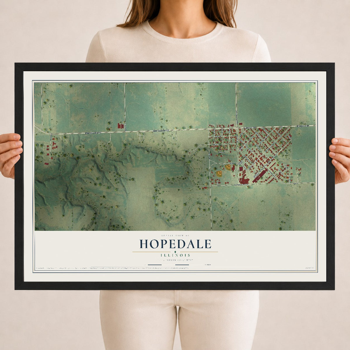 Map of Hopedale, Illinois, 18 x 24 inch print in a black wood frame