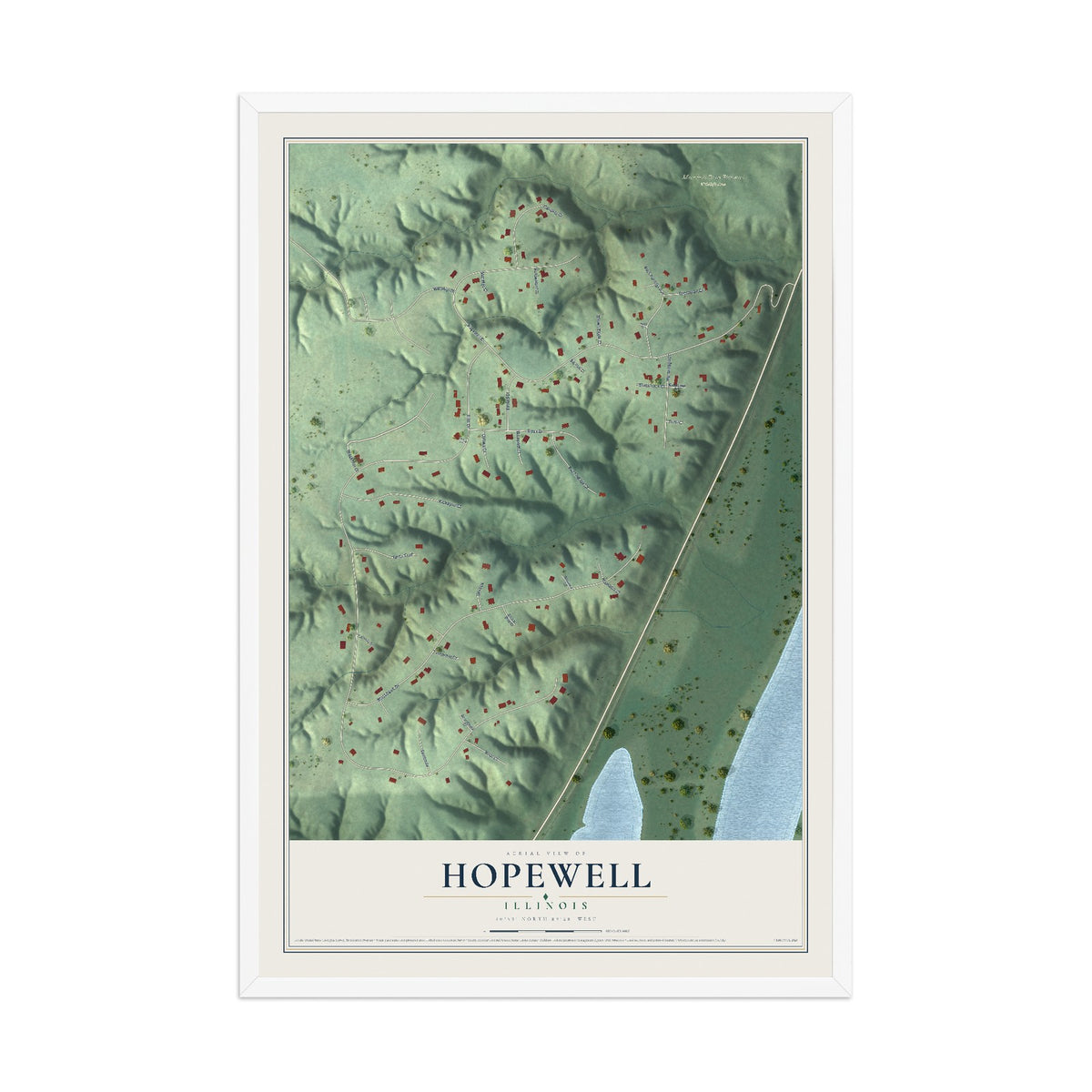 Map of Hopewell, Illinois, 12 x 18 inch print in a white wood frame