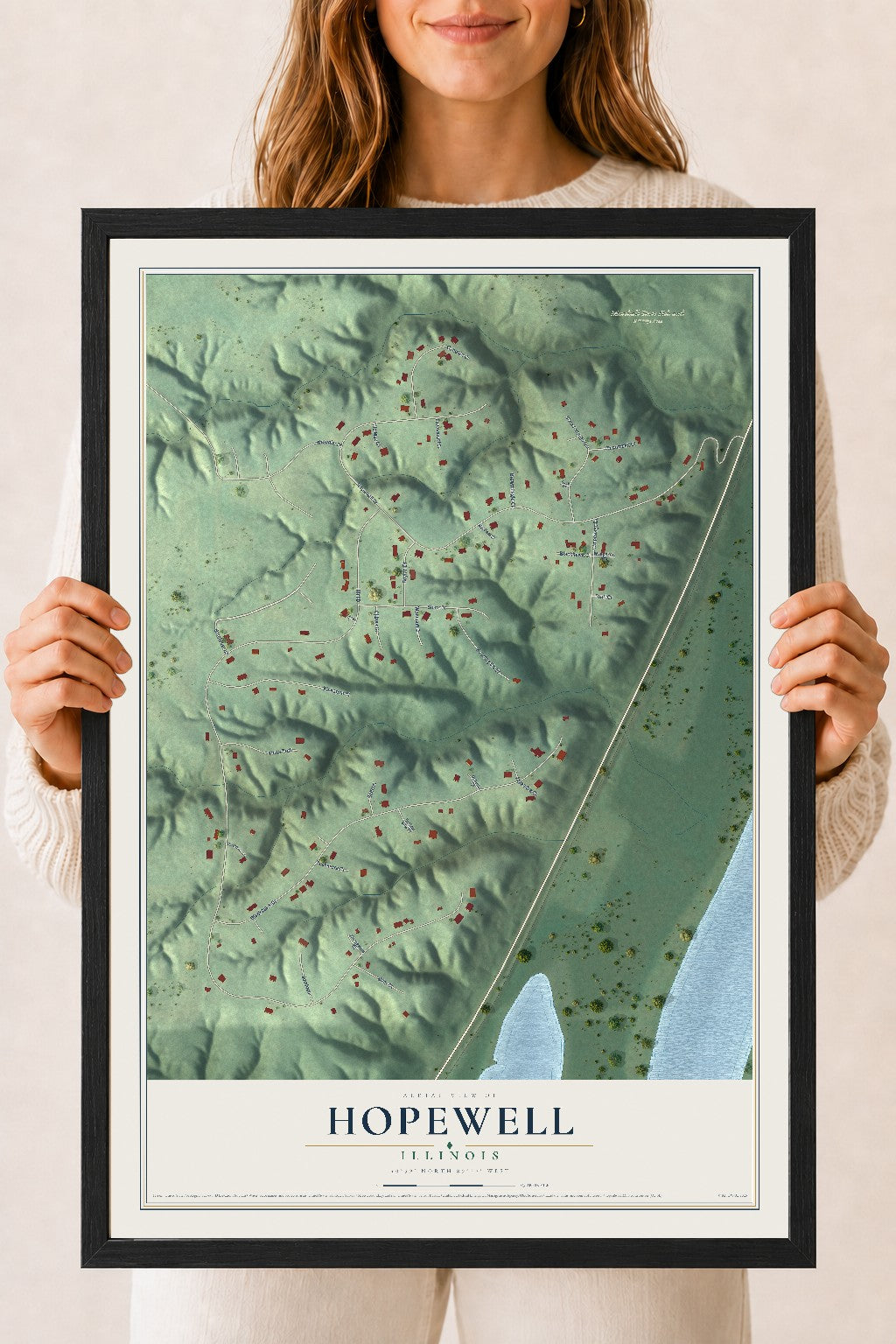 Map of Hopewell, Illinois, 18 x 24 inch print in a black wood frame