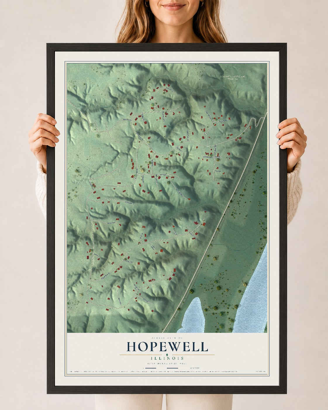 Map of Hopewell, Illinois, 24 x 36 inch print in a black wood frame