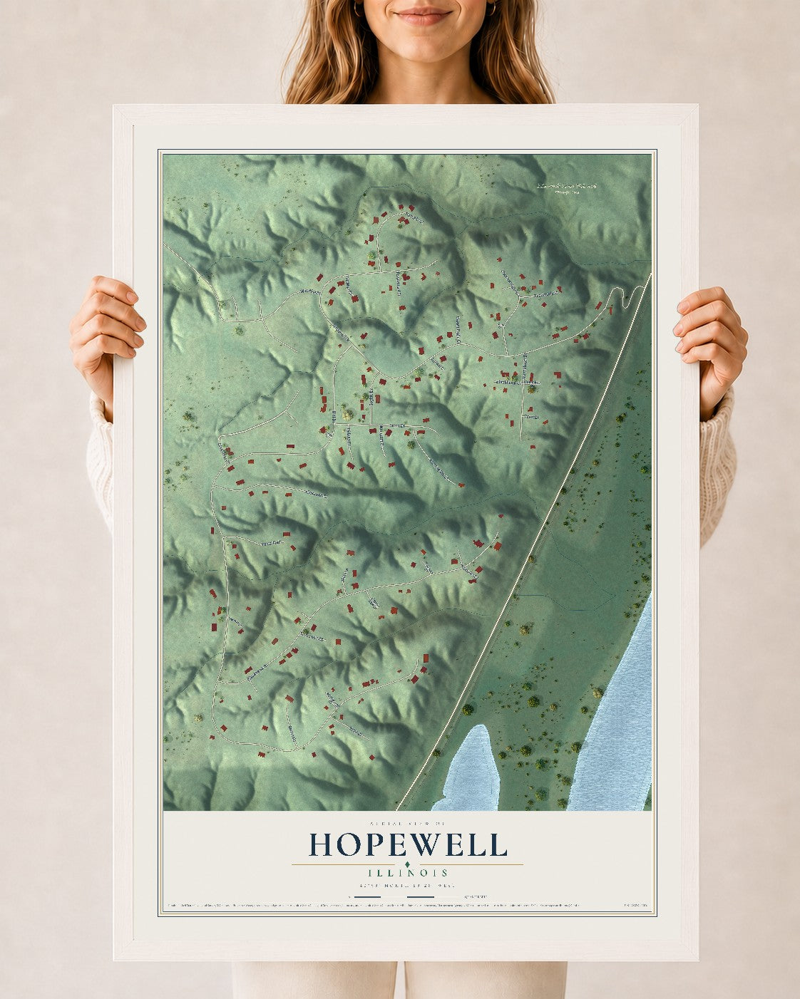 Map of Hopewell, Illinois, 24 x 36 inch print in a white wood frame