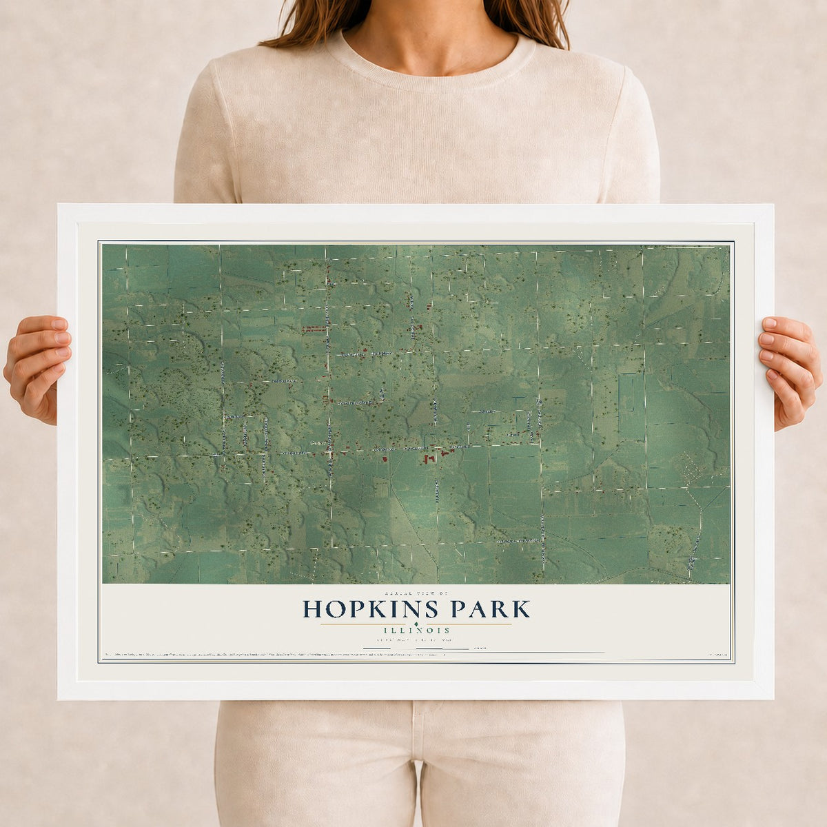 Map of Hopkins Park, Illinois, 12 x 18 inch print in a white wood frame