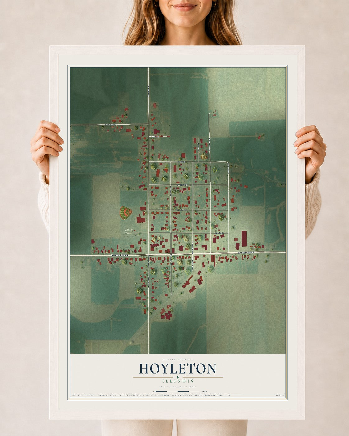 Map of Hoyleton, Illinois, 24 x 36 inch print in a white wood frame