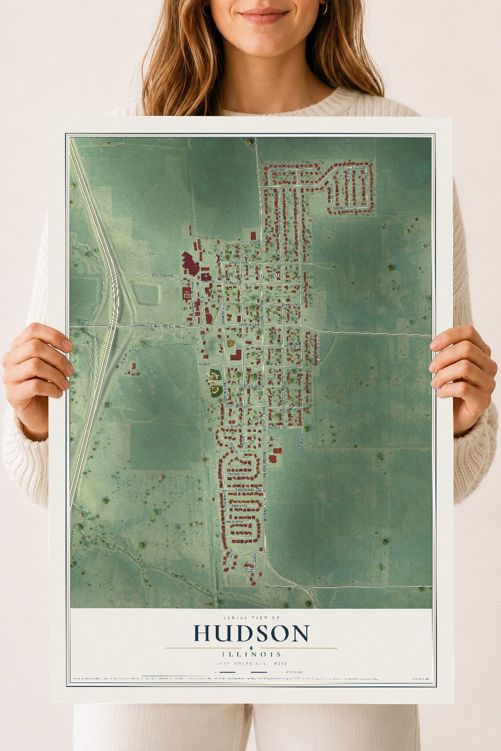 Map of Hudson, Illinois, 18 x 24 inch unframed archival matte print