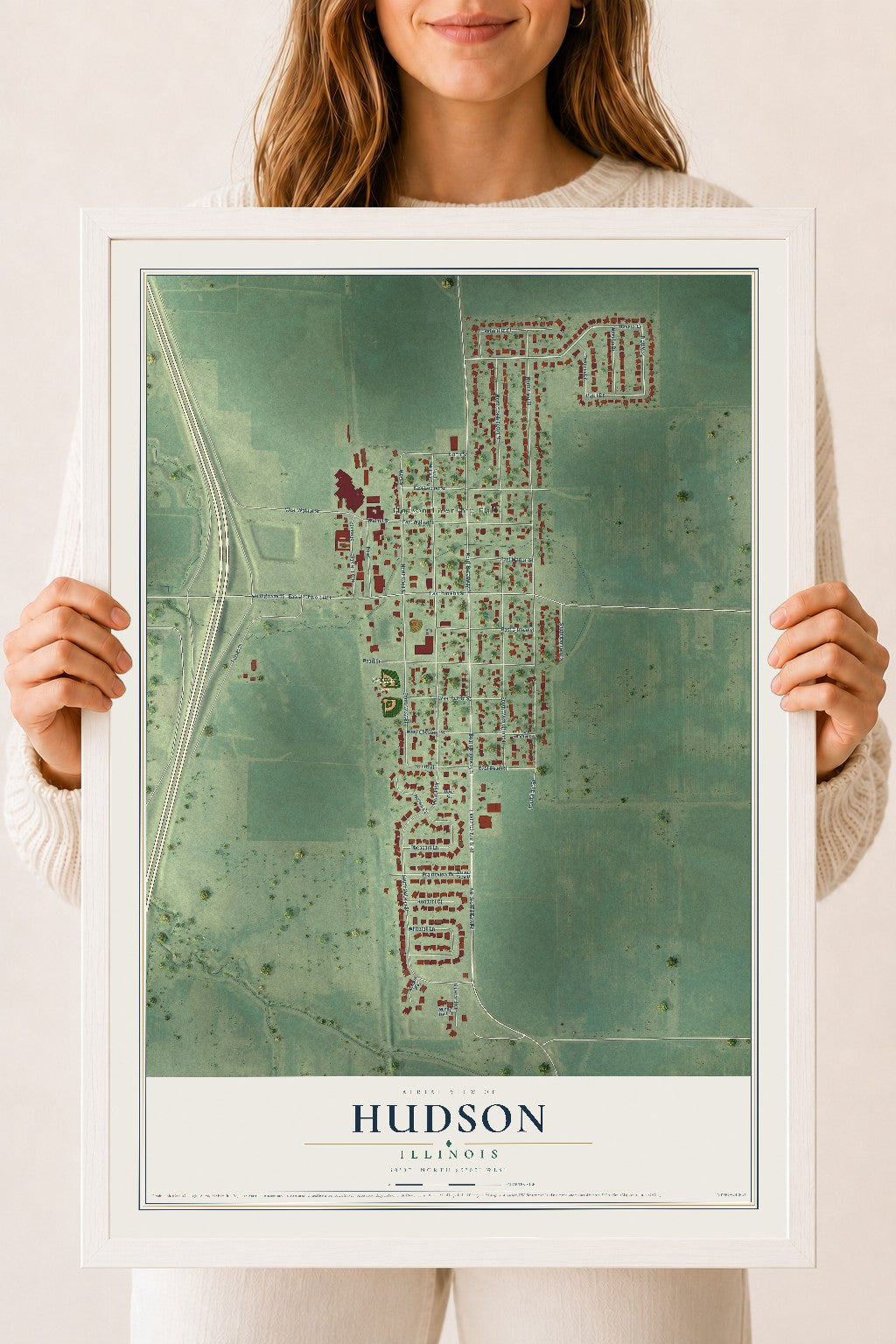 Map of Hudson, Illinois, 18 x 24 inch print in a white wood frame