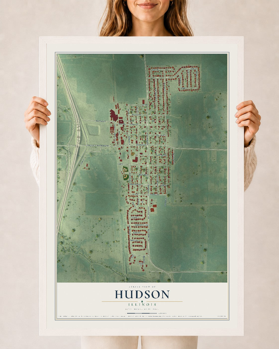 Map of Hudson, Illinois, 24 x 36 inch print in a white wood frame